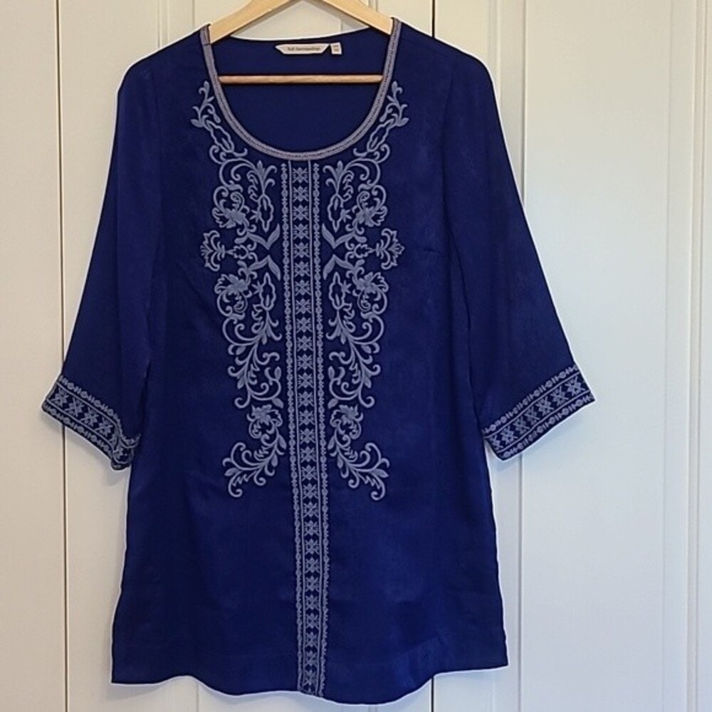 Soft Surroundings Royal Blue Embroidery Long Sleeve Tunic Top Bohemian Size S